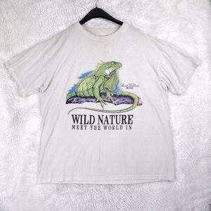 VINTAGE Wild Nature Meet The World Iguana Graphic T-shirt Men XL White 90s